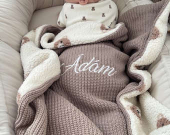 Copertina per neonato in maglia a forma di orsetto personalizzata – 75 x 75 cm – Nome ricamato personalizzato, morbida, regalo per baby shower