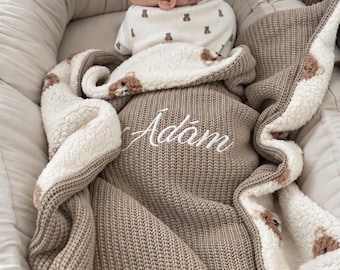 Gepersonaliseerde teddy gebreide babydeken – 75 x 75 cm – aangepaste naam geborduurd zacht kraamcadeau