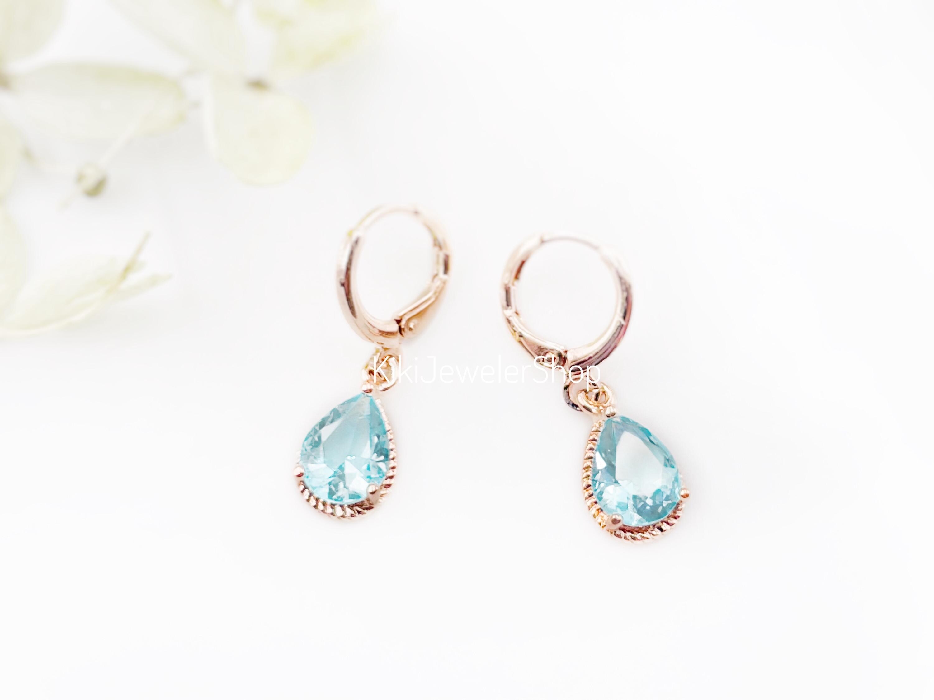 To Dangle Small Bezel Aquamarine Dangle Earrings, Light Blue Teardrop Gemstone ...