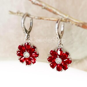 Ruby Daisy Flower Leverback Drop Earrings White Gold-filled, Red Floral Huggie Dangles, July Birthstone