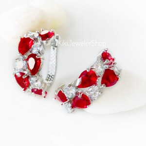 Large Ruby Red + White Sapphire Cluster Hoop White Gold Statement Earrings, July Birthstone Gift