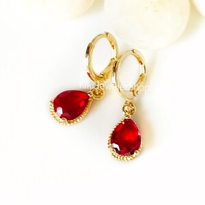 Small Bezel Ruby Dangle Earrings Gold, Red Teardrop Gemstone, July Birthstone Gift