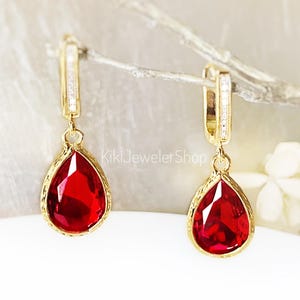 Bezel Teardrop Ruby Red Dangle Earrings Gold, Pave French Leverback Drop, July Birthstone Gift