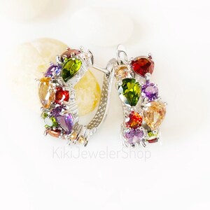Large Multicolored Gemstone Statement Hoop Earrings, Bridal Earring Raingbow White Gold, Gift for her