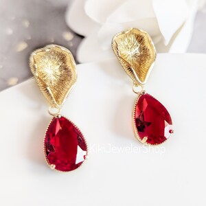 Statement Ruby Red Teardrop Dangle Earrings Gold, Vintage Inspired Large Red Drops, July Birthstone image 5