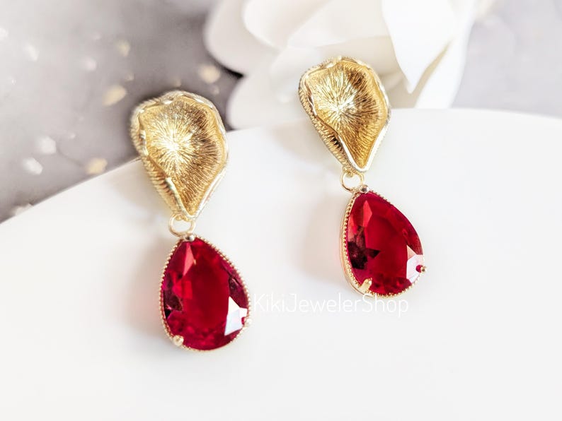 Statement Ruby Red Teardrop Dangle Earrings Gold, Vintage Inspired Large Red Drops, July Birthstone image 5