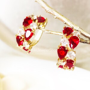 Large Ruby Red + White Sapphire Cluster Hoop Gold Statement Earrings, July Birthstone Gift