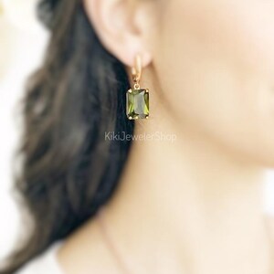 Large Peridot Dangle Earrings, Olive Green Gem Emerald Cut, August Birthstone Gift for Mom