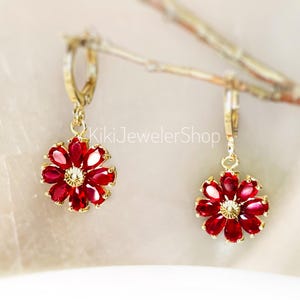 Ruby Daisy Flower Leverback Drop Earrings Gold-filled, Danity Red Floral Huggie Dangles, July Birthstone