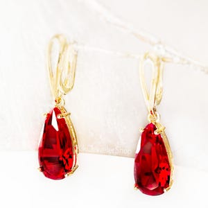 Large Ruby RedDrop Earrings Gold, True Red Elongated Teardrop Dangles, July Birthstone Gift