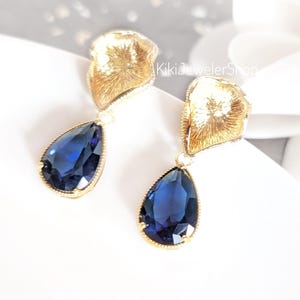 Blue Sapphire Statement Drop Earrings Gold, Vintage Inspired Lotus Stud , September Birthstone Jewelry Gift