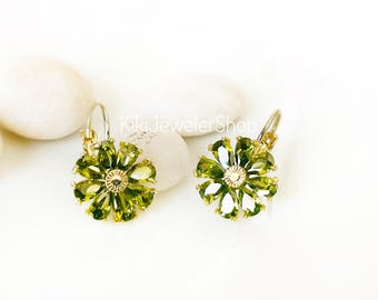 Peridot Daisy Flower Earrings Gold-filled, Olive Green Gemstones Dangles, August Birthstone