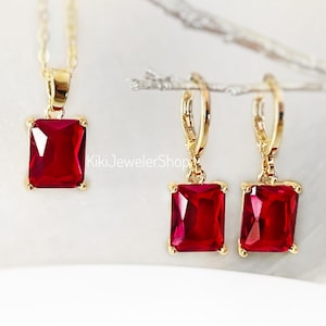 Small Ruby 2pc Jewelry Set Gold, Red Gem Emerald Cut, July Birthstone