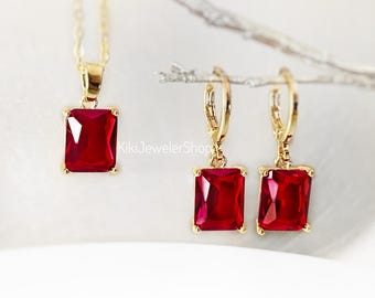 Small Ruby 2pc Jewelry Set Gold, Red Gem Emerald Cut, July Birthstone