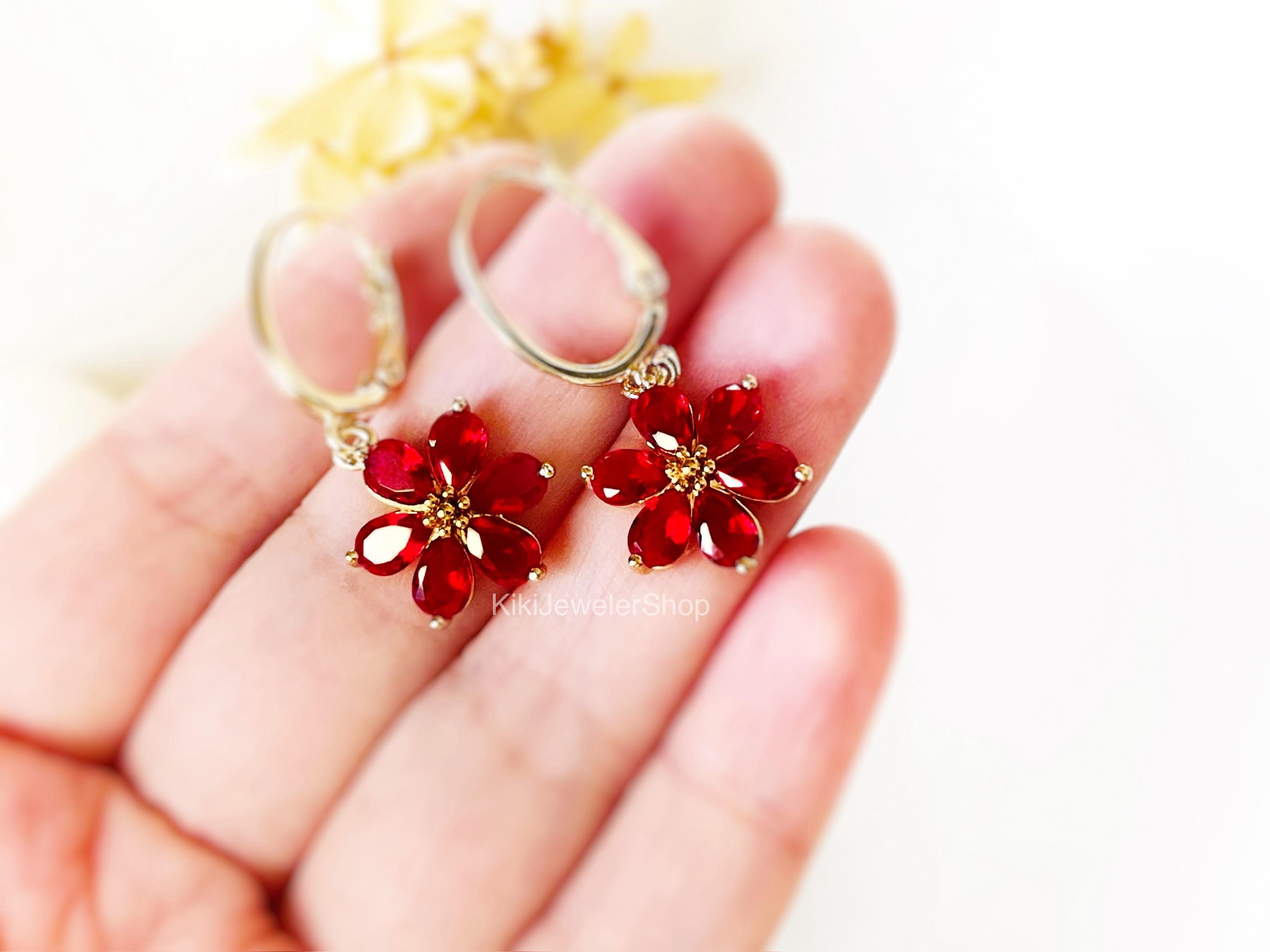 Ruby Red Flower Dangle Earrings Gold, July Birthstone - Etsy