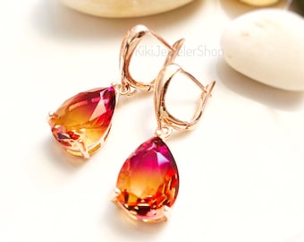 Large Imperial Topaz Bicolor statement Dangle Earrings, Orange deep Pink Gem Teardrops RG