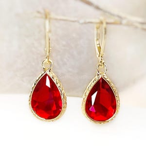 Teardrop Ruby Dangle Earrings Gold, Bezel Red Gemstone French Leverback Drop, July Birthstone