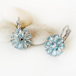 Aquamarine Daisy Flower Leverback Earrings White Gold filled, March birthstone