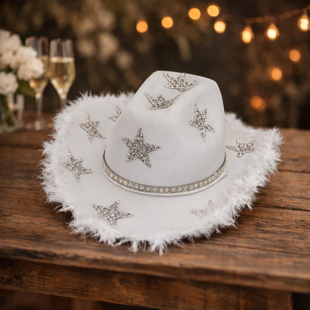 Bridal Cowgirl Hat: White Felt, Rhinestone Stars & Feather  display picture 1
