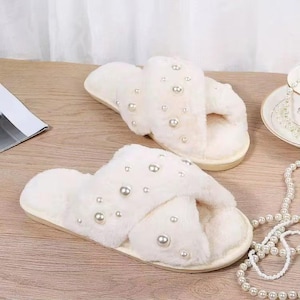 Benutzerdefinierte Braut Hausschuhe | Perle Verschönerung Kunstpelz Spa-Schuhe