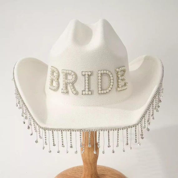 Bride Cowboy Hat with Rhinestone Fringe Pearls: Custom Bachelorette Cowgirl Western Bridal Shower