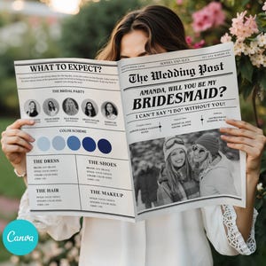 以下が含まれることがあります： 「The Wedding Post」という見出しと「Amanda, Will You Be My Bridesmaid?」というテキストが入った新聞スタイルの招待状。招待状には、カラースキームとブライズメイドの写真が含まれています。「Fully Editable」という言葉とCanvaのロゴも表示されています。