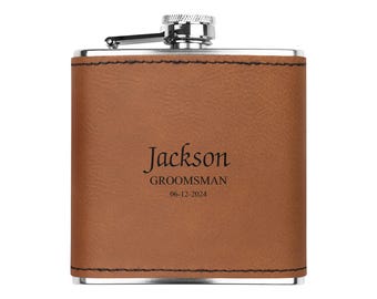 Personalized Laser Engraved 6oz Leather Flask | Custom Hip Flask for Groomsmen