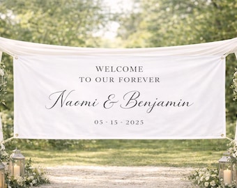 Banner de tapiz de boda personalizado, letrero de boda de tela personalizado, fondo de boda minimalista