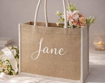 Custom Burlap Tote, Personalized Jute Bag with Name | Bridal Party Gift | Bridesmaid Proposal Bag | Wedding Welcome Bag