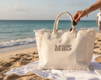 Bolso de mano personalizado para novia con flecos y perlas, regalo para despedida de soltera o luna de miel.
