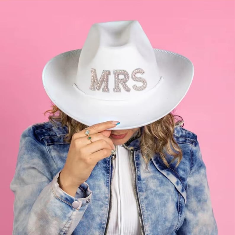 Sombrero de vaquero para novia con flecos de diamantes de imitación y perlas: despedida de soltera vaquera personalizada estilo western imagen 9