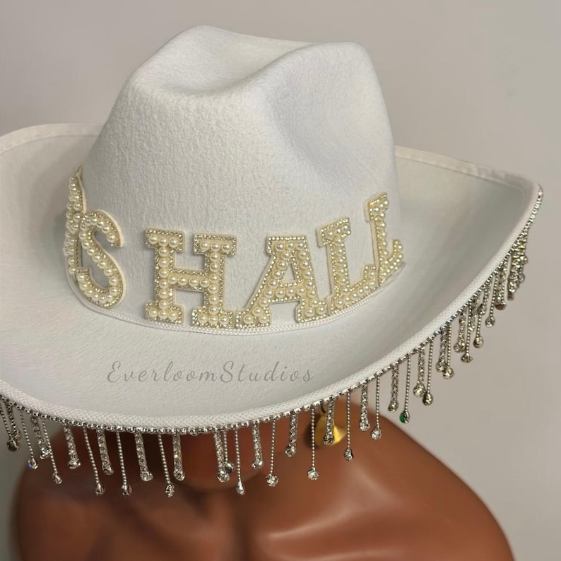 Sombrero de vaquero para novia con flecos de diamantes de imitación y perlas: despedida de soltera vaquera personalizada estilo western imagen 18