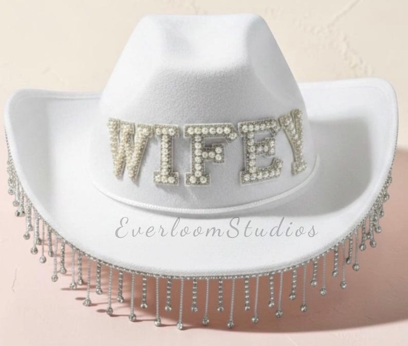 Sombrero de vaquero para novia con flecos de diamantes de imitación y perlas: despedida de soltera vaquera personalizada estilo western imagen 3