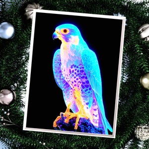 May include: A vibrant digital art print of a falcon, rendered in neon blue, purple, and yellow hues against a black background. The bird is perched on a dark, textured surface, with intricate feather details.