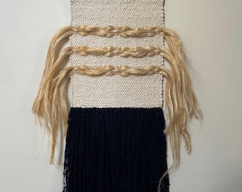 Indigo Navy and Neutral Contemporary Handwoven Wall Hanging, Cotton and Unique Kenaf