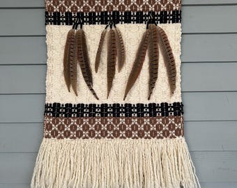 Unique Eclectic "Nine Feathers" Handwoven Wall Hanging, Natural Handspun Wool,