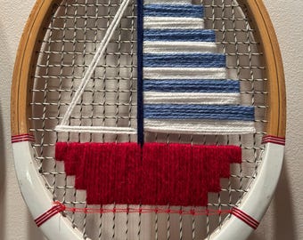 Tennis Art on a Vintage Racket - Red, White and French Blue - Coastal Resort Casual Decor