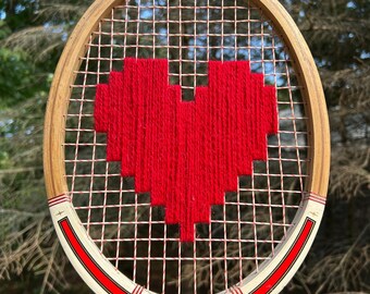 Tennis Art - Heart on a Vintage Racket Wall Decor - Handcrafted
