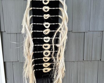 Rustic Boho Handwoven Kenaf and Black Tapestry on Vintage Textile Spool