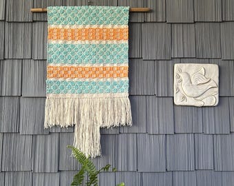 Cozy Handwoven "Nursery Lullaby" Wall Hanging, created with cotton and handspun, hand dyed yarn.