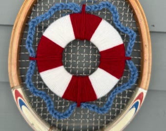 Tennis Art on a Vintage Racket – Nautical Lifebuoy Decor  for Lake House or Cottage