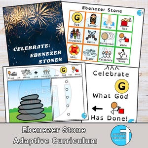 May include: A collection of educational materials titled "Ebenezer Stone Adaptive Curriculum." The materials include colorful illustrations and text, with the words "Celebrate Ebenezer Stones" prominently displayed. The images depict various religious themes.