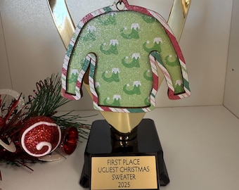 Ugly Christmas Sweater Trophy, Ugliest Sweater Award, First Place trophy, Christmas trophy, gag gift, white elephant trophy