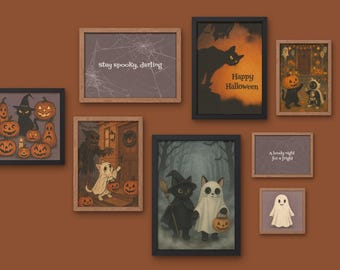 Vintage Halloween Gallery Wall Art Set – Ghosts, Cats, Pumpkins (Instant Download)