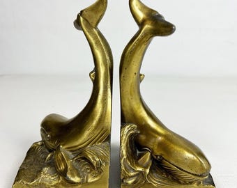 VTG Brass Whale Bookends Marine Nautical PM Craftsmen Ocean Moby Dick Patina