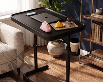 Zwart opklapbaar bureau op wielen, mobiel nachtkastje Computerbureau Slaapzaal Slaapkamer
