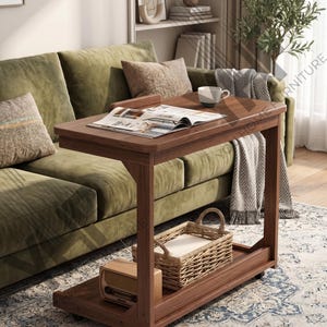Brown Height Adjustable Side Table With Wheels, Folding Sofa Laptop Desk Bedroom Living Room