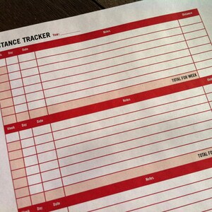 May include: A printable distance tracker with columns for week, day, date, notes, and distance. The tracker has red and white lines and a section for total distance for the week.