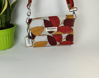 Autumn Leaves Fabric Crossbody Bag Ocher Burgundy 22x16x5 cm Handmade Purse Made in Italy