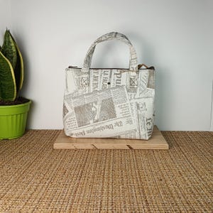 Newspaper Print Handbag, Newsprint Top Handle Purse, Writer Gift, Unique Fabric Bag, Handmade Italy